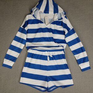 NEW Womens Outfit Set Large Hoodie Shorts Striped Blue Casual Lightweight Travel